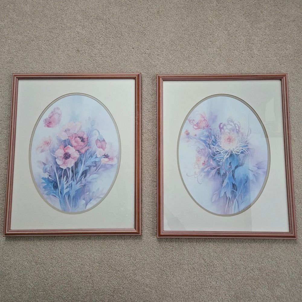Vintage Loly Floral Watercolor Prints Set of 2 Poppies Chrysanthemum Framed Art